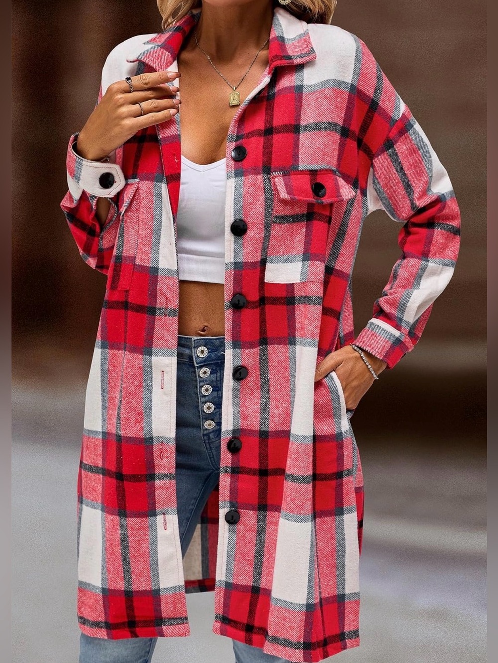 Women’s Red Plaid Long Shacket Jacket
